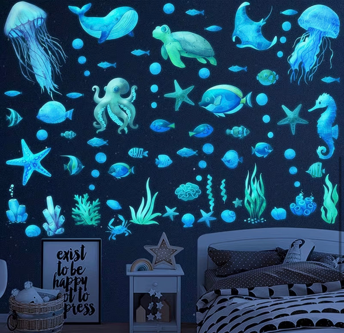 85pcs Ocean Fish Wall Decals | Glow in The Dark Vinyl Sea Life Wall Stickers for Bathroom