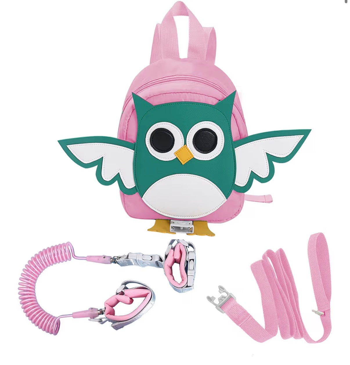 Toddler Safety Harness Backpack with Rein Baby Walking Leash Anti-Lost Safety Wrist Cuff with Lock 1.5m Children Walking Backpack-Owl-Pink