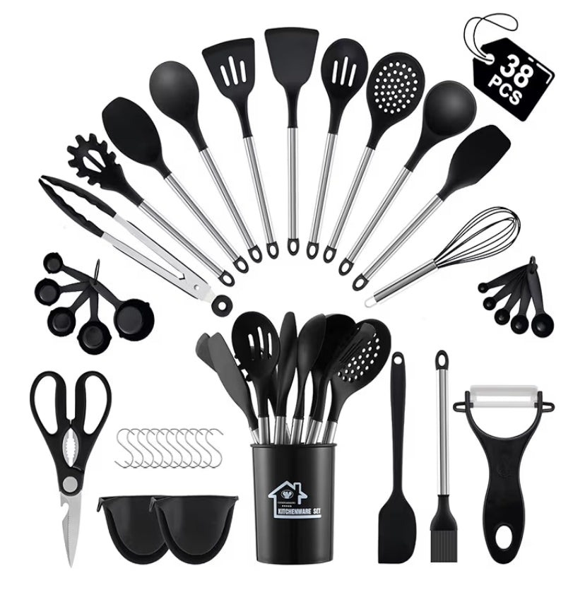 38 Pieces Kitchen Utensils Set, BEWOS Silicone Cooking Utensils Set with Spatula, Utensil Holder and Measuring Spoons, Nonstick Heat Resistant, Black Kitchen Gadgets, Stainless Steel Handle