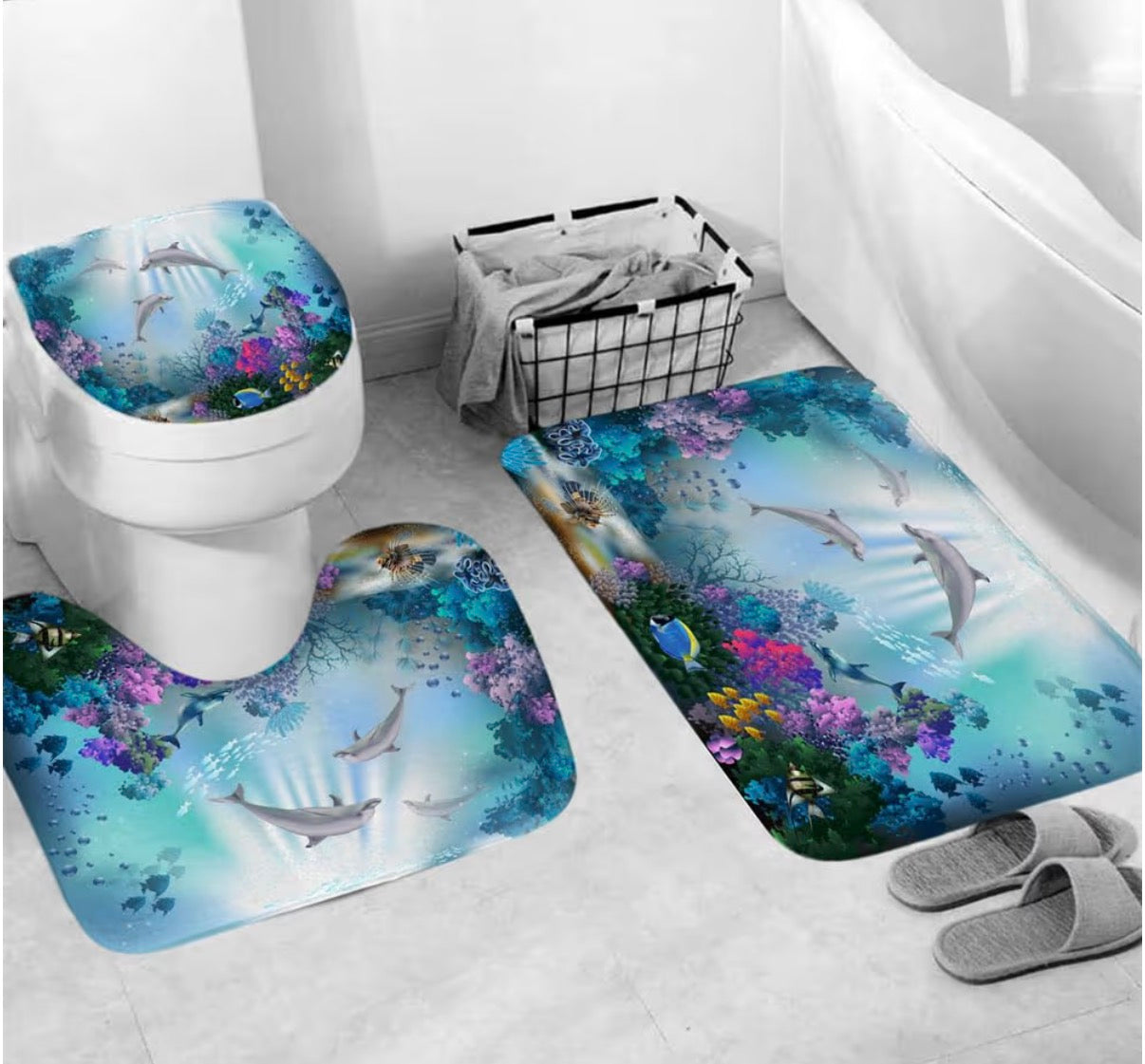 3Pcs Sea World Dolphin Bath Rug Set, Non-Slip Bath Mat, Toilet Lid Cover and U-Shaped Contour Rug Absorbent Washable Bathroom Rug Set(Toilet Set)