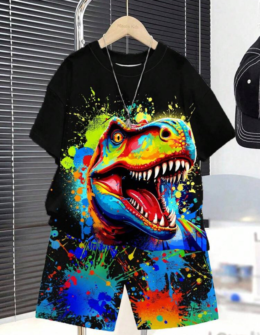 2pcs/Set Young Boy Casual Dinosaur Print Graffiti Handpainted T-Shirt And Shorts Set
