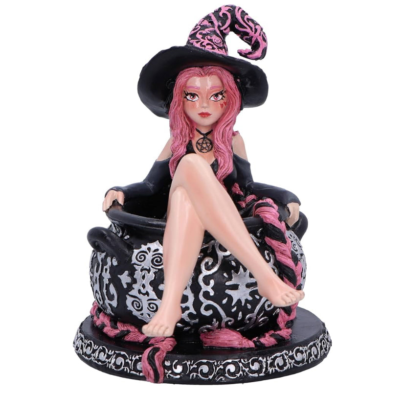 Nemesis Now Baie Rose Sugar and Spice Figurine 14.4cm, Resin, Black/Pink, Pinked Hair Witch Ornament, Long Pink-Haired Witch Cauldron Figurine, Cast in the Finest Resin, Expertly Hand-Painted