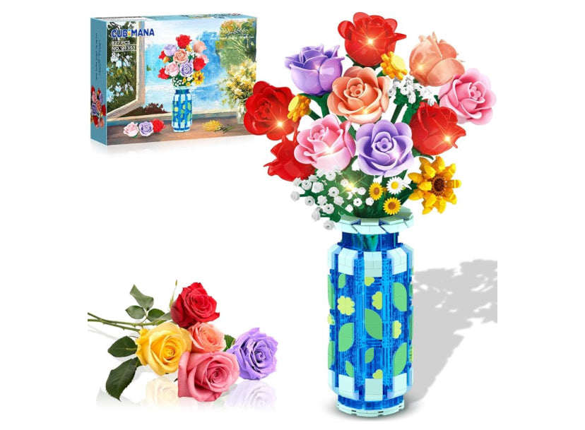 Roses Flowers Building Set with Vase & LED Light, 16 Mini Flowers Bouquet Botanical Building Blocks Toy, Gifts for Adults Kids, Artificial Flowers for Home Decor & Display
