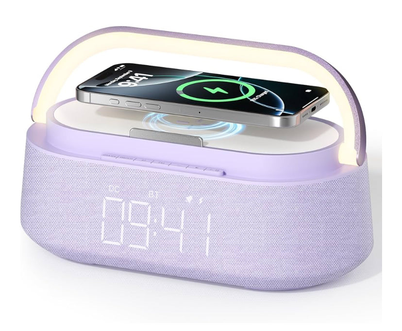 Bluetooth Speaker with Wireless Charger, FM Radio, Adjustable LED Night Light, Dual Wireless Speakers, 15W Wireless Charging, Bluetooth 5.0 (Purple)