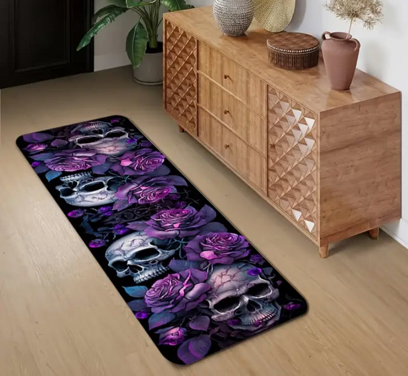 -2D Purple Vintage Gothic Style Runner Rug, Printed with Exquisite Skull And Rose Floral Pattern