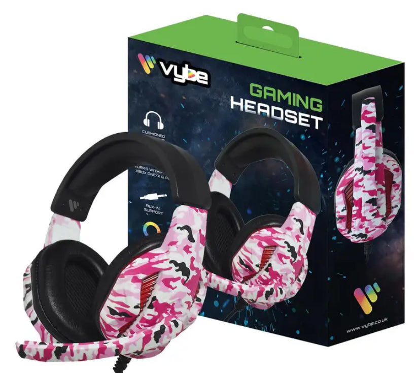 Vybe Headset Camo Design for PS, Xbox & PC Gaming with AUX-in Support, Diva Pink