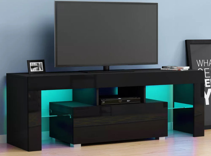 Modern TV Unit Stand with 1 Drawer Cabinet Black High Gloss Door RGB LED Lights