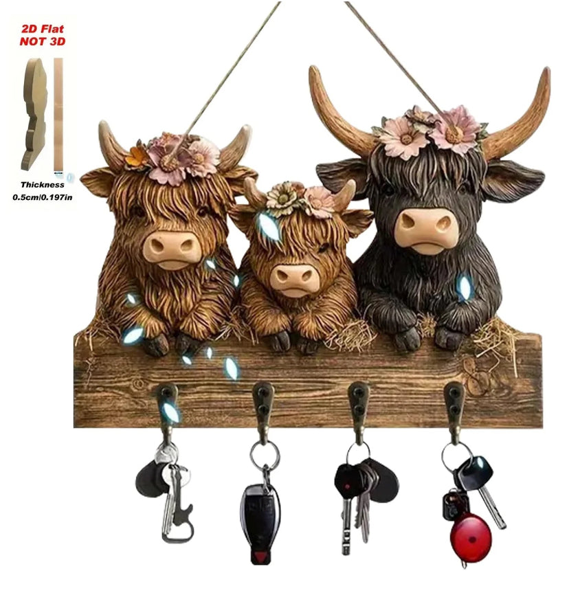 2D Flat Wooden Bullhead Hook - Wall Mount Highland Cow Key Holder