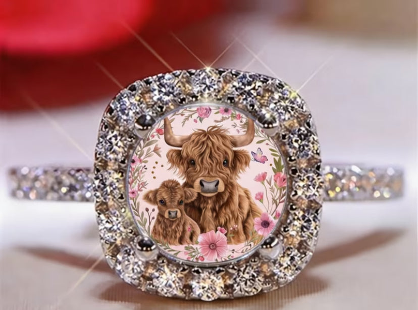 Retro Style Mother-Son Highland Cow Plaid Women'S Fashion Ring, Carved Texture Hypoallergenic Skin-Friendly Jewelry