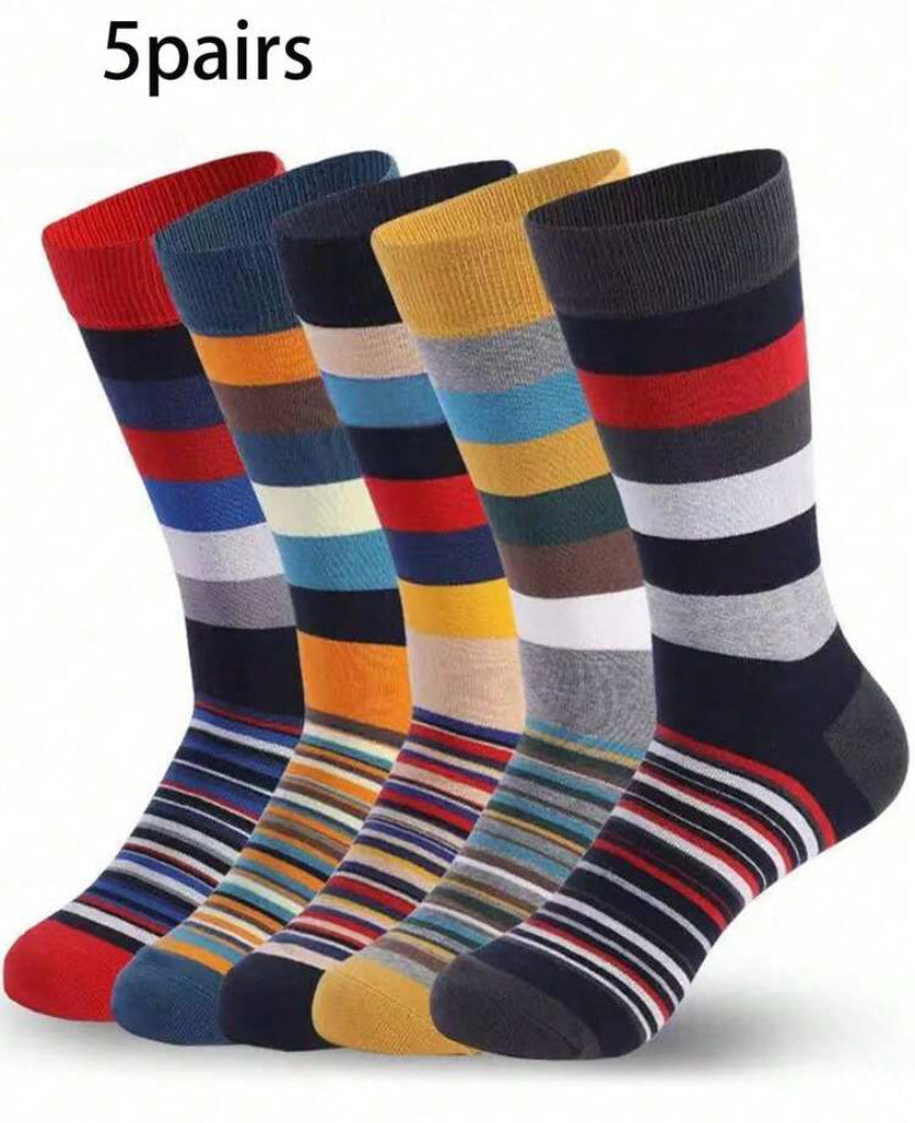 5 Pairs Men's Striped Mid-Calf Casual Everyday Socks