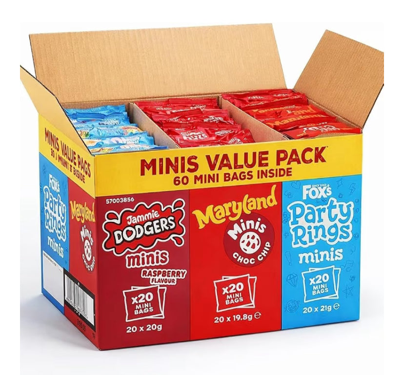 Fox Mini Biscuit Variety Pack 60 Count – Jammie Dodgers, Maryland Choc Chip & Party Rings Minis – Individually Wrapped Snack Packs – Kids Lunchbox, Party & Bulk Biscuits