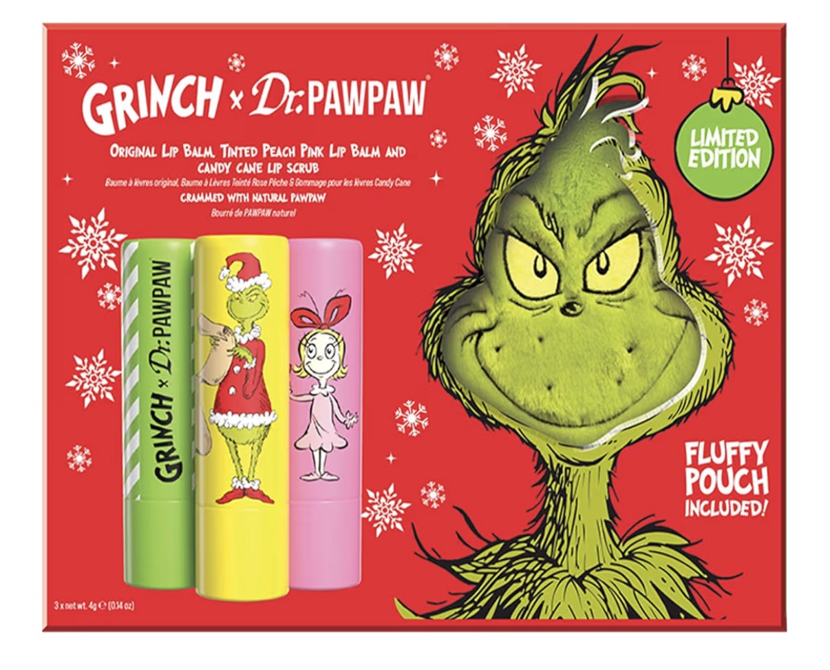 Dr.PAWPAW x The Grinch Lip Balm Gift Set 3 x 4g with Pouch, Original Peach Pink and Ultimate Red Balms, Pawpaw Infused Hydrating and Tinted Lip Care, Vegan Gift Set