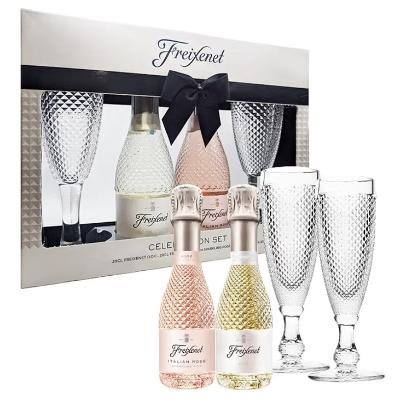 Sparkling Wine Celebration Gifts for Couples - Extra Dry Wine 20cl, Rose Sparkling Wine 20cl & Two Flute Glasses