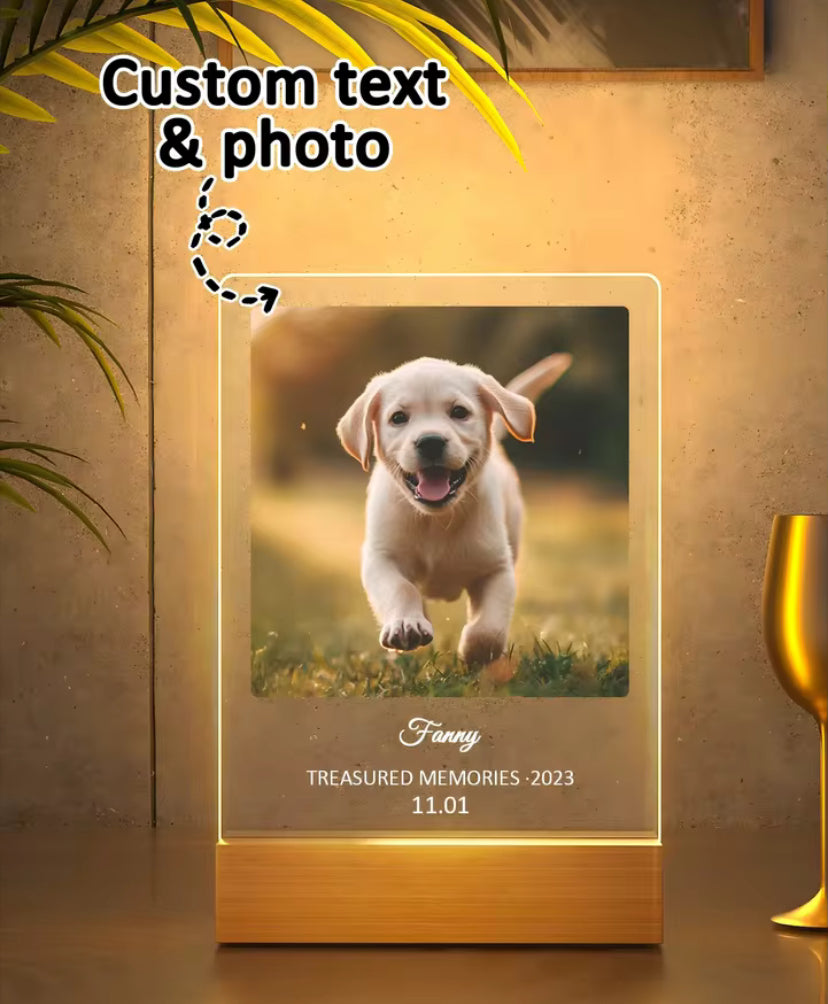 Custom Nightlight, custom pet Name and date tag, Pet Photo with text Light, Pet Memorial Stand,