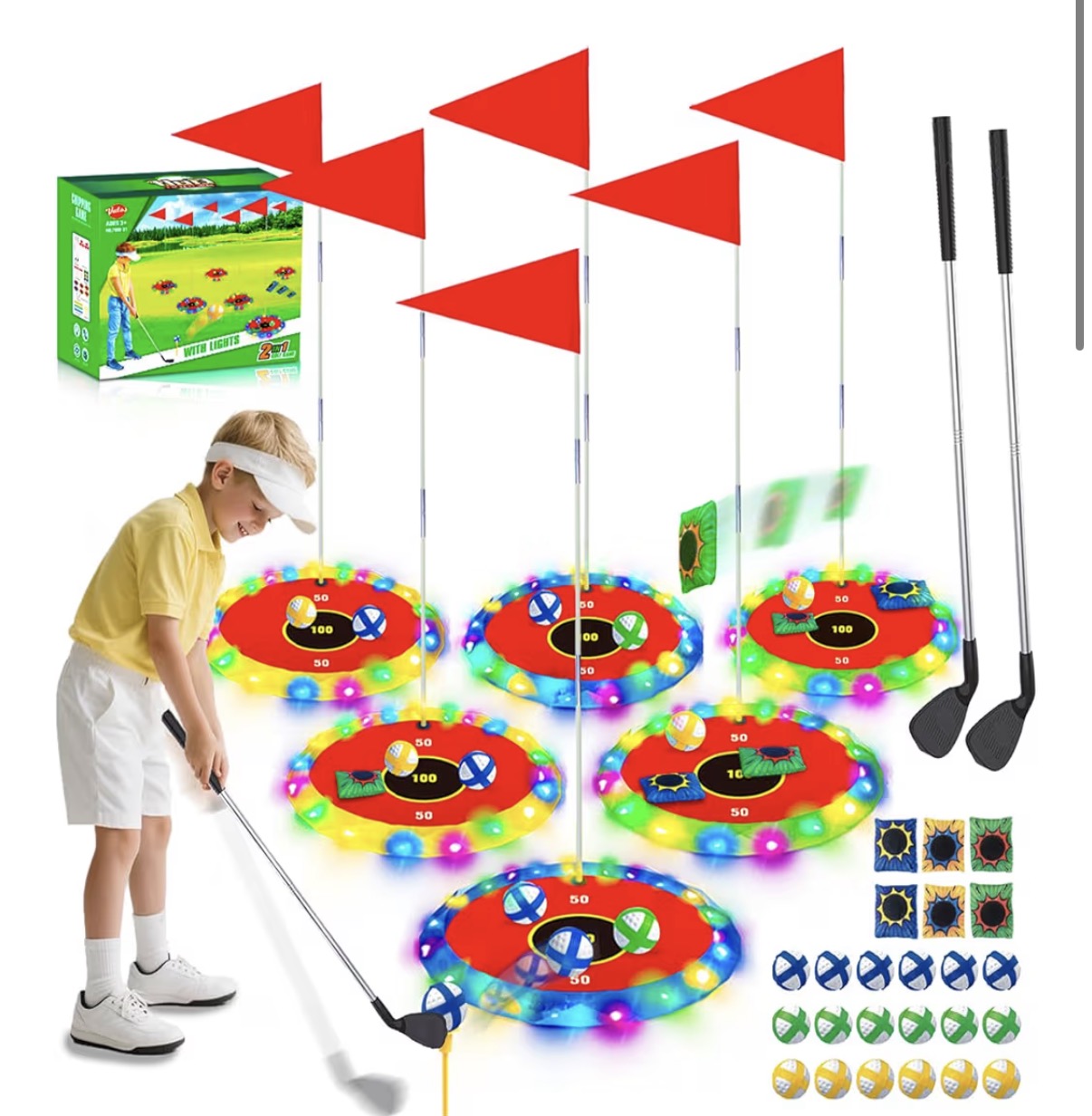2-in-1 Light up Golf Toy Set- Golf Chipping & Bean Bag Toss with 6 LED Targets, 2 Clubs, 18 Balls, Night Golfs Play for Indoor Outdoor Party Yard Golfer Gifts Sports Toys for Kids 5-12