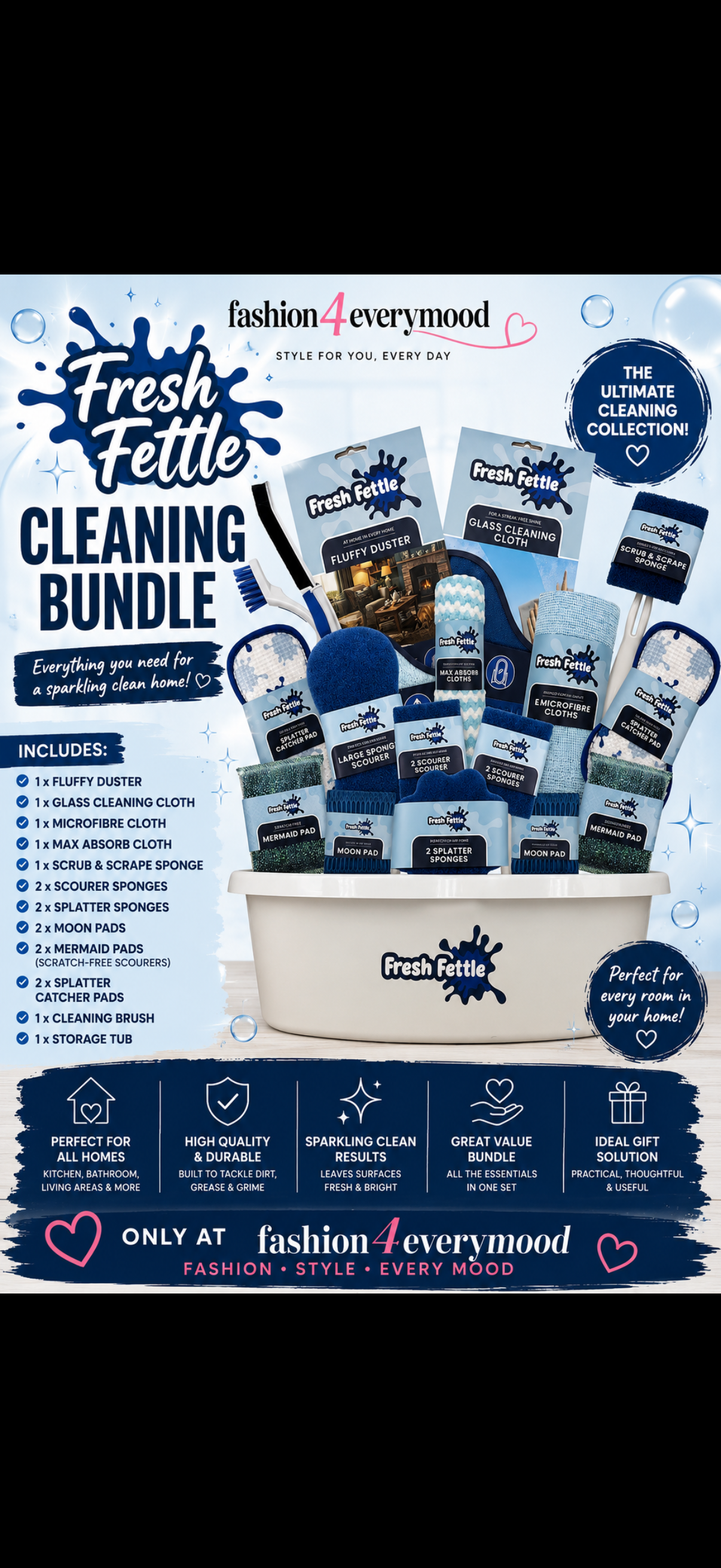 26Pc Complete Cleaning Caddy Kit With Microfibre Cloths, Sponge & Scourer's For Kitchen And Bathroom Cleaning - Home Cleaning Kit