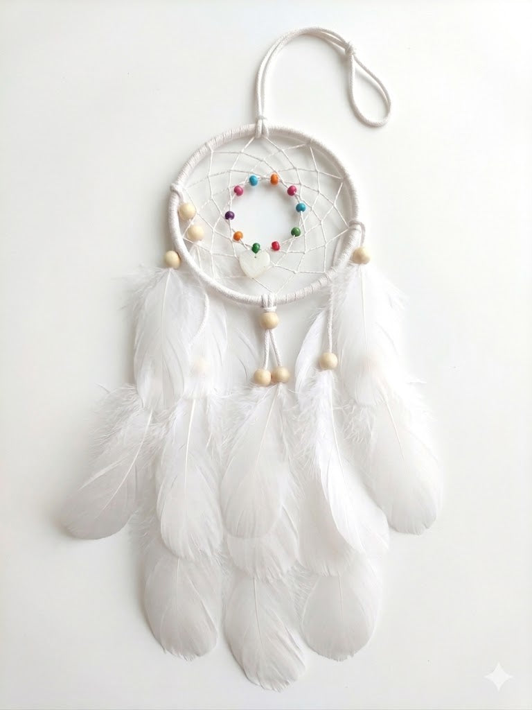 Double Dream Catcher With Heart Charm and Beads White