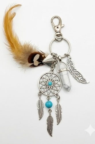 Brown feather keychain with Howlite crystal