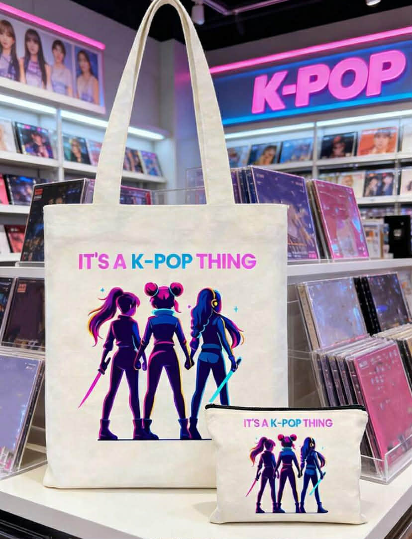1 pc KPOP Canvas Tote Bag, With "IT'S A K-POP THING" And Cool Girl Idol Pattern, Large Capacity Shoulder Handbag,Hand-Painted