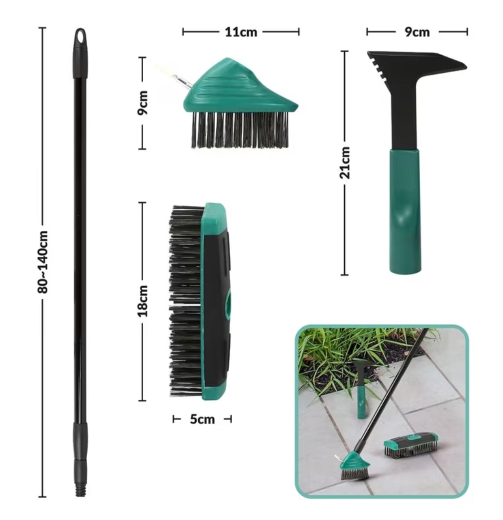 Taylor & Brown 4 in 1 Telescopic Weed Remover Brush Wire Head Paving Decking Clean Scrub Moss Weed Remover Tool Wire Brush Scraper Set with Metal Broom & Weed Removal Head Green