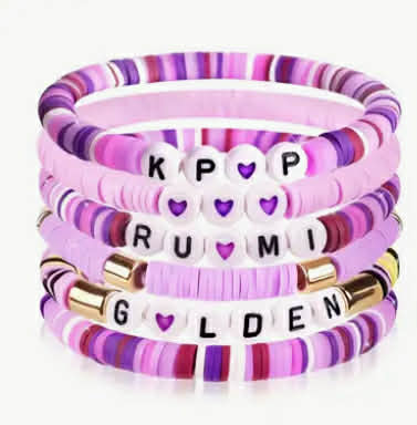 6 purple polymer clay bracelets with letters and heart beads