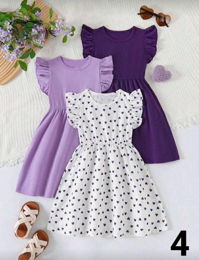 3pcs/Set Young Girls' Summer Fashion Flutter Sleeve Heart Print + Solid Color Patchwork Casual Dress Outfit