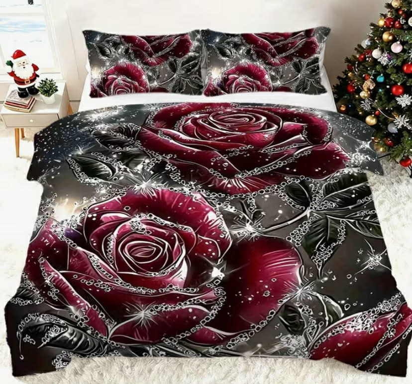 Sparkling Burgundy Rose Duvet Cover Set Rose Blanket Set