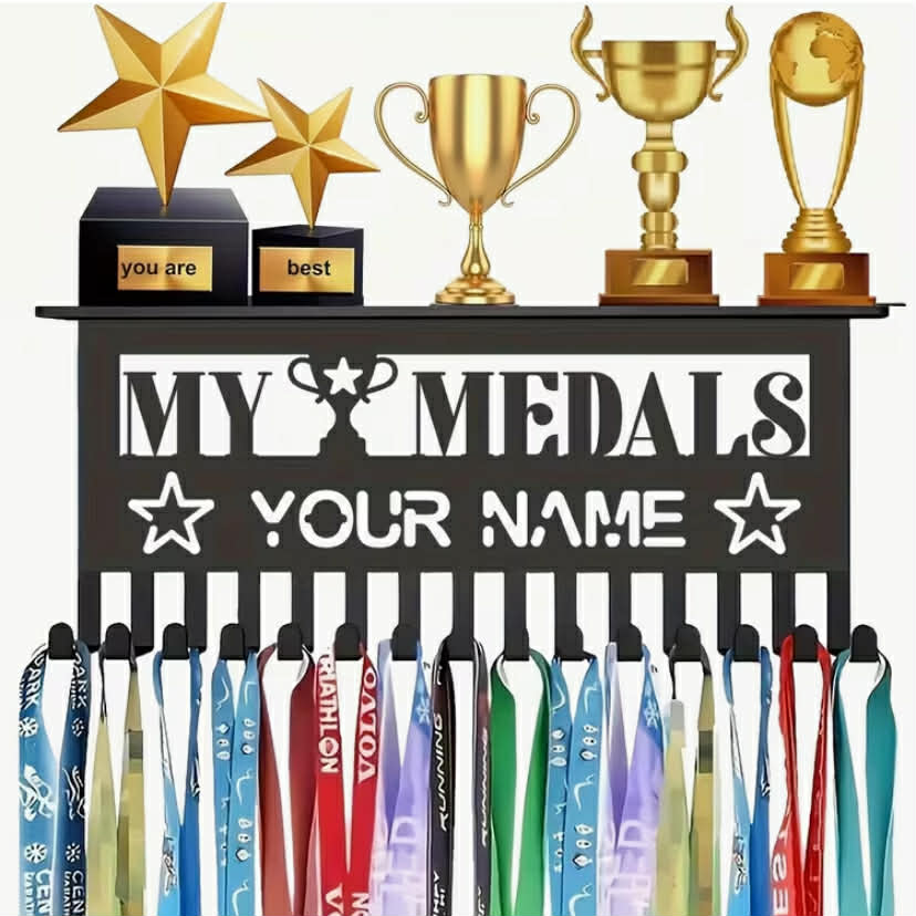 Black Classic, Eternal Honor! 15-Hook Black Medal Display Rack, Rust-Proof Metal Frame for Sturdy Quality, Personalized Name Engraving Space for Individuality