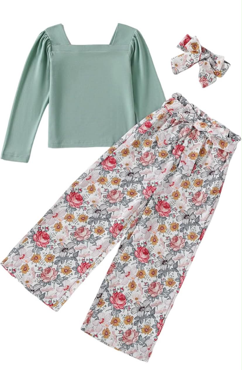 Girls Clothes Kids Outfits Children Long Sleeve T shirt Square Neck Tops Floral Trousers