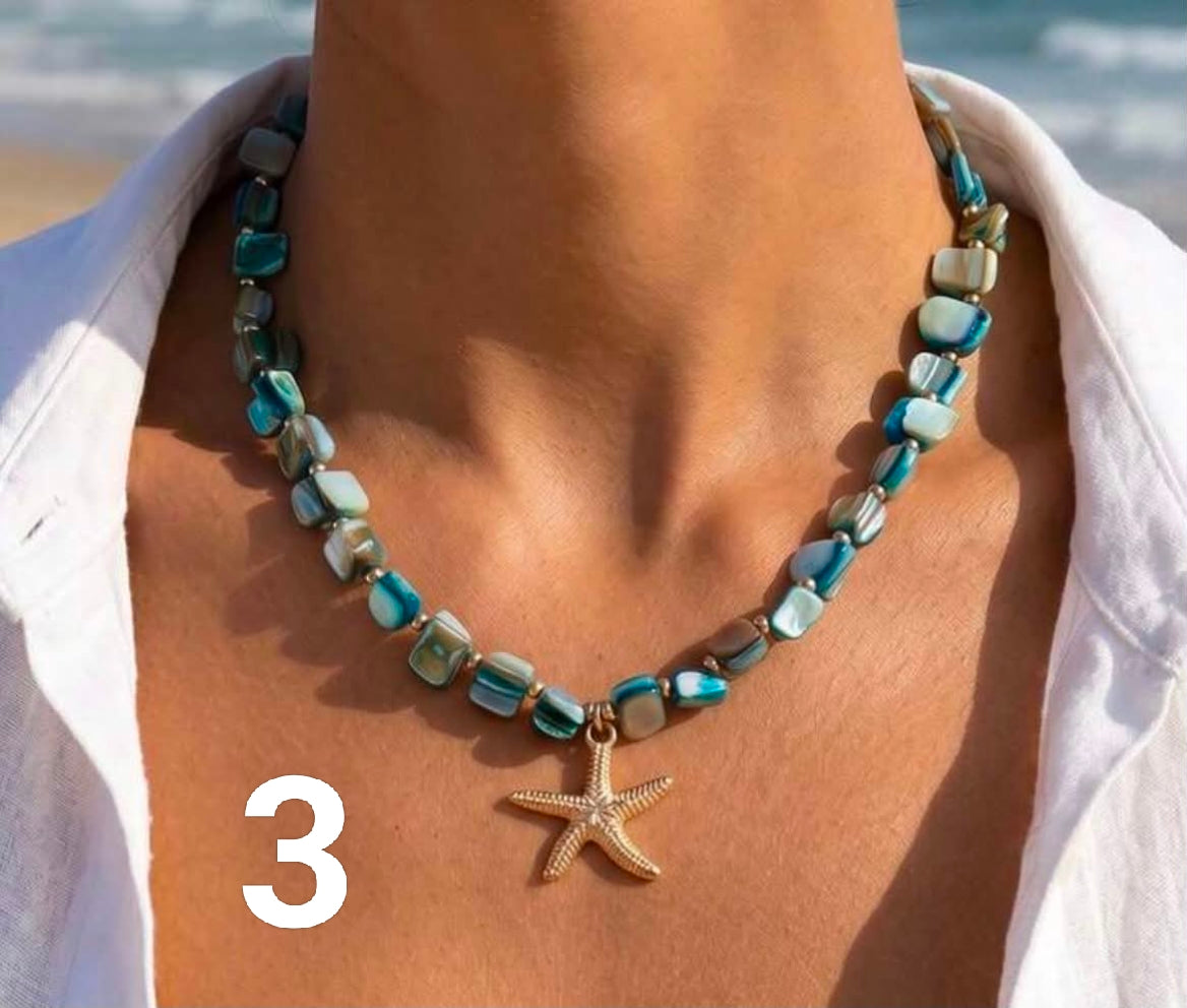 1 pc Beach Vacation Style Asymmetrical Beaded Necklace, Fashionable Versatile Alloy Shell Pendant Decorative