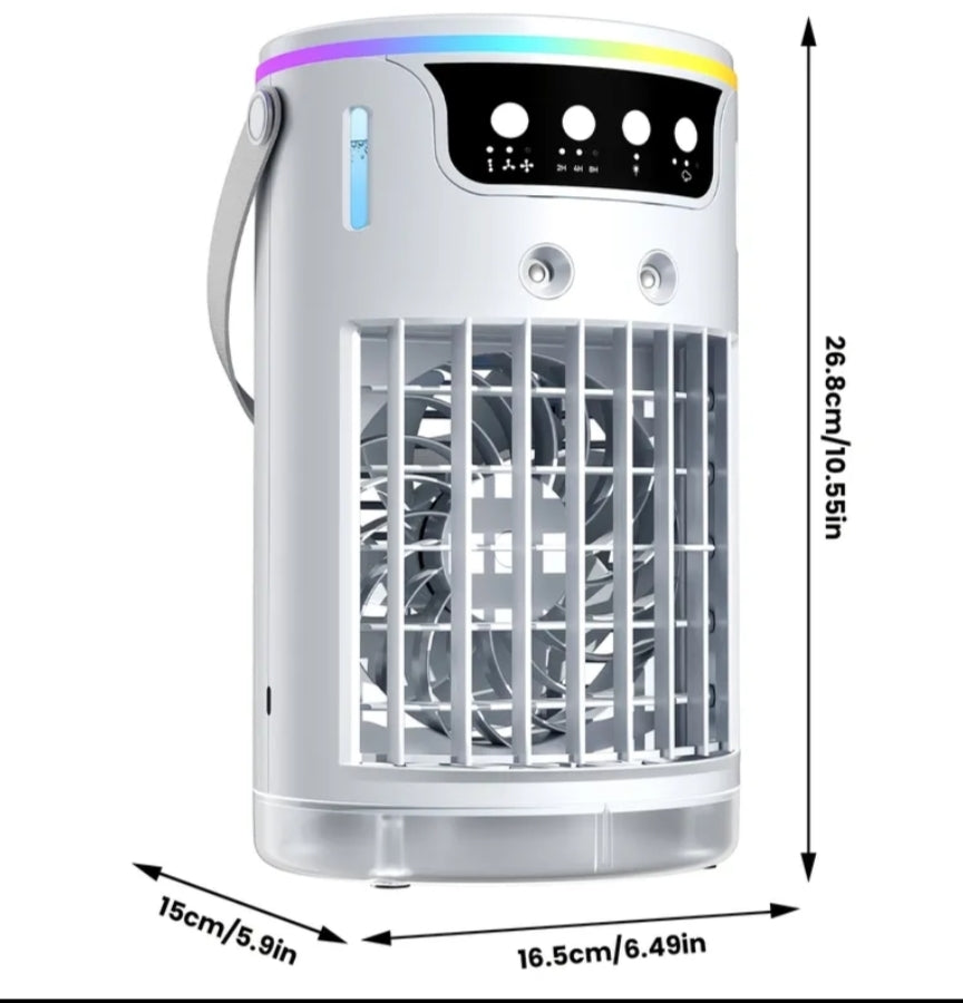 This Is a Versatile 3-In-1 Air Conditioning Fan That Features USB-C Charging, Humidifying And Cooling Functions, a 40.57Oz Water Reservoir, Remote Control, Timer, Seven Color LED Lights, And Various Fan Speeds.