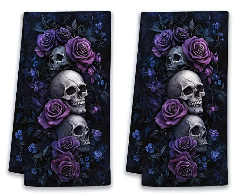2 pcs Gothic Rose Skull Pattern Kitchen Towel Set