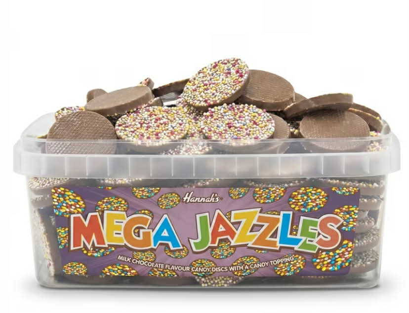 600g Chocolate Flavour Mega Jazzles Candy Buttons, Large Resealable Tub with Crunchy Topping, Retro Confectionery for Sharing, Party Bag Fillers and Gift Ideas, Traditional Sweetshop Favourite