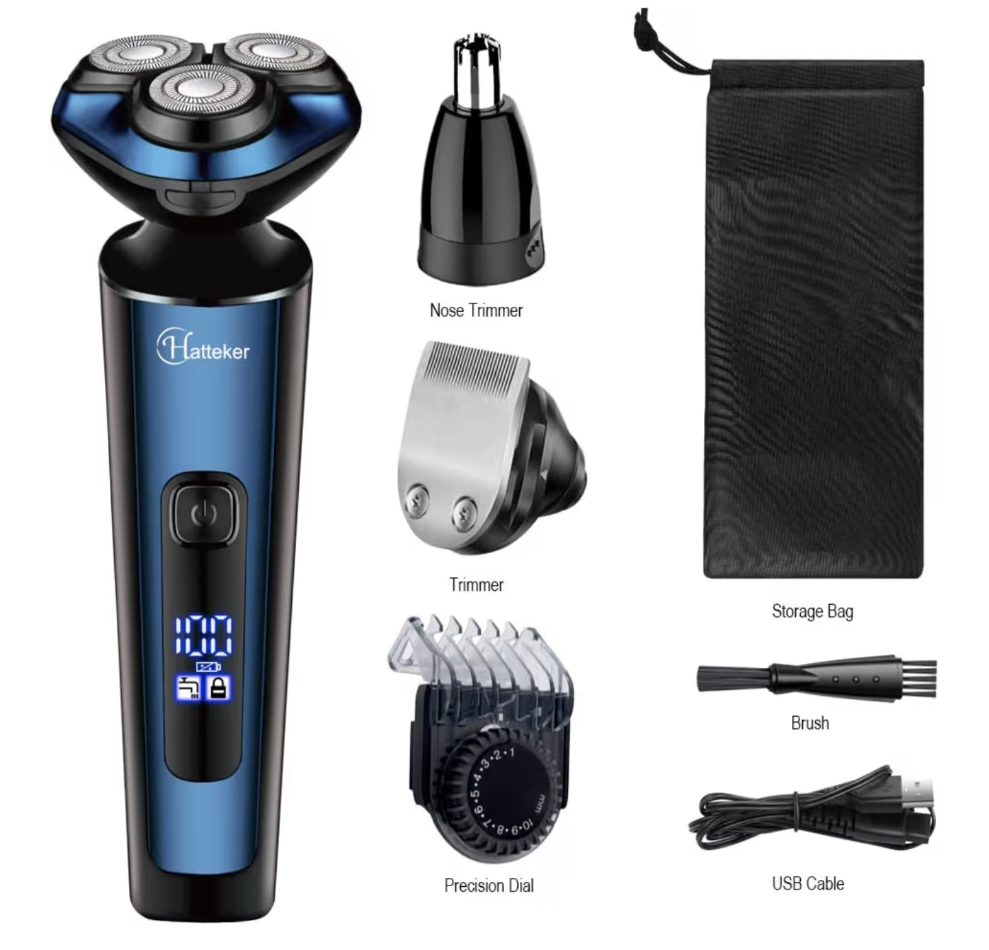 Hatteker Mens Electric Shavers Razor Beard Trimmer Rotary Facial Head Shaver for Men Sideburn Trimmer Wet Dry IPX7 Waterproof Rechargeable Cordless 3 in 1