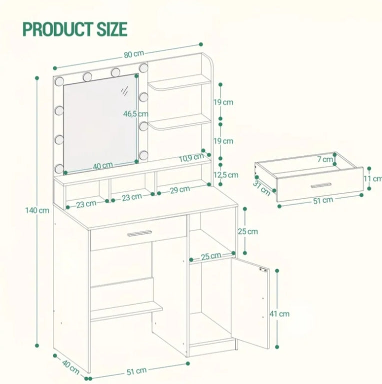 Dressing Table with Mirror And 10 LED Lights, Vanity Table, Makeup Vanity with 3 Shelves & 4 Open Compartments, Large Drawer & Cabinet, Adjustable Lighting Brightness, Black