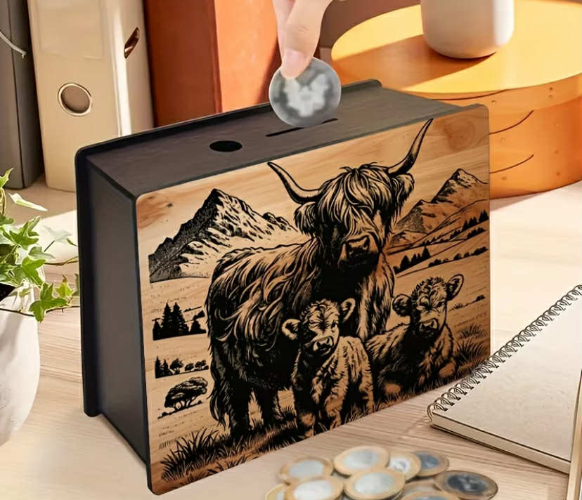 A Small Wooden Piggy Bank for a Little Calf, a Side of The Piggy Bank,