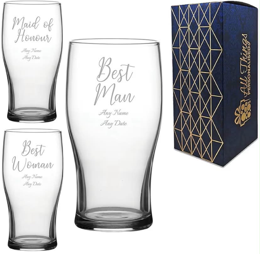 Personalised Engraved Wedding Guest Tulip Pint, Best Man, Grooms Man, Best Woman, Maid of Honour, Chief Bridesmaid, Any Text, Holds up to 20oz/590ml, Handwritten Font
