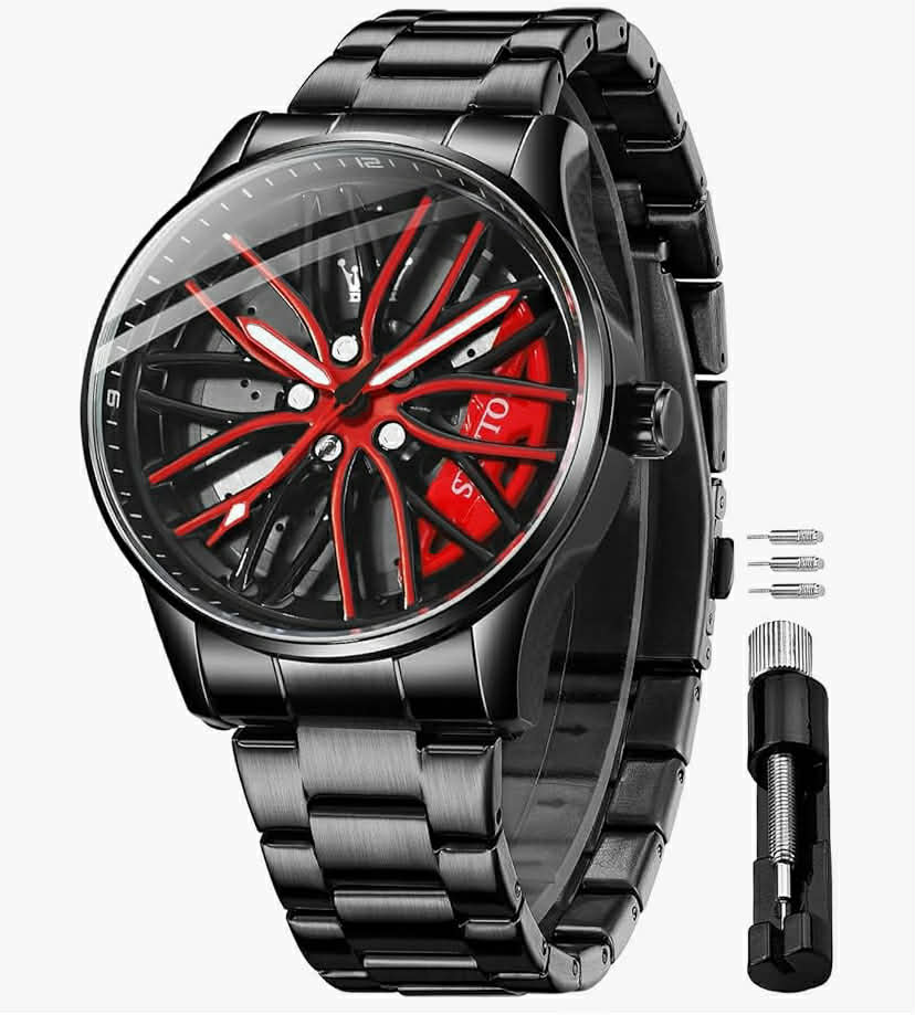 Watches for Men Skeleton Quartz Racing Car Wheel Stainless Steel Casual Sports Waterproof Luminous Mens Watches