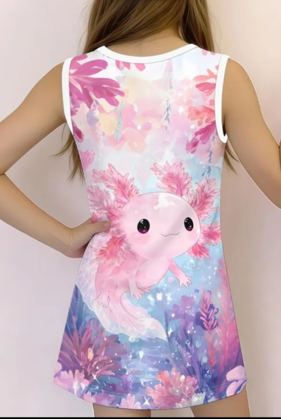 Lightweight Summer Dress Featuring a Pink Axolotl Design, Perfect for Princess-Themed Parties, Casual Wear for Kids,