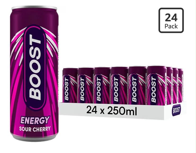 Boost Sour Cherry or lemon & lime Energy Drink, 24 Pack, 250ml Cans