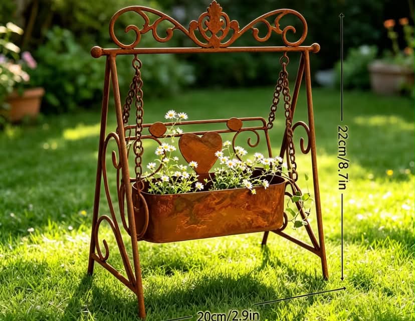Vintage Wrought Iron Rusty Swing Chair Planter, Hanging Style for Patio, Balcony, Garden, and Courtyard, Vintage Craftsmanship with a Handcrafted Feel Gardening