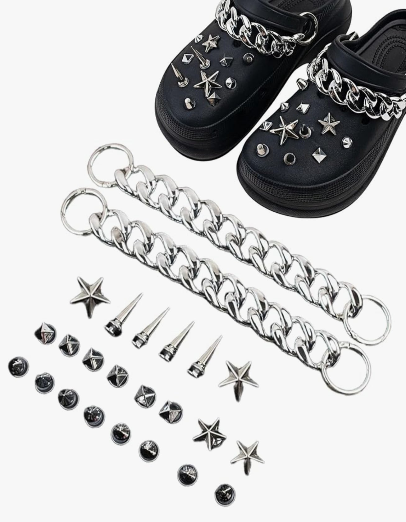 Gothic Shoe Charms, 24-Piece Metal Spikes and Chain Set Accessories, Punk Rock Biker Style Shoe Charms