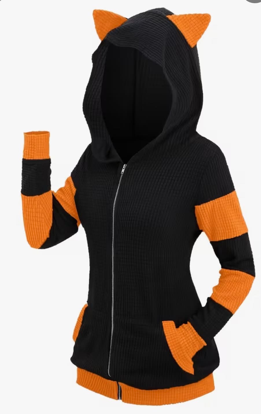 Thickened Cat Ear Mid-Length Color-Block Hooded Sweatshirt Jacket
