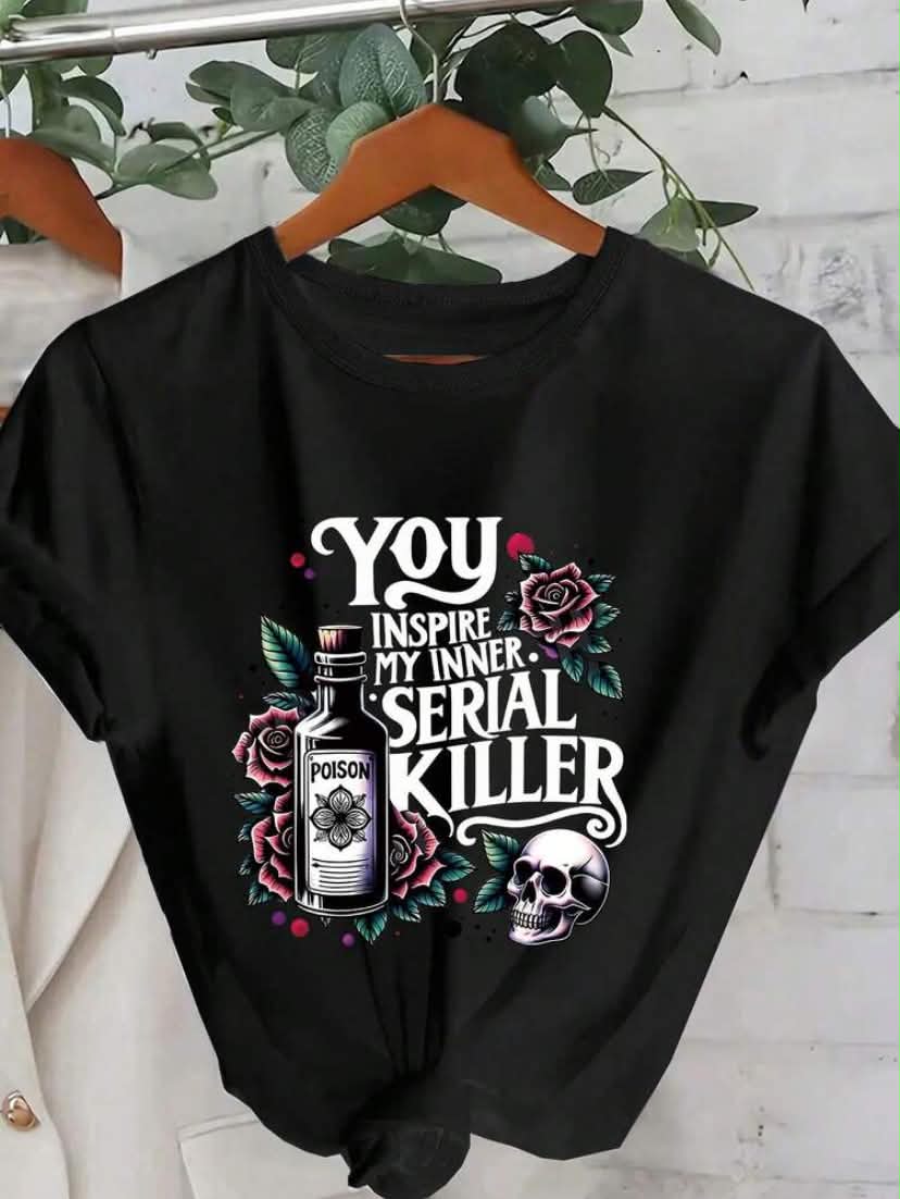 Plus Size Women's Summer Poison Bottle, Rose, Skull And Slogan Graphic T-Shirt Casual Black