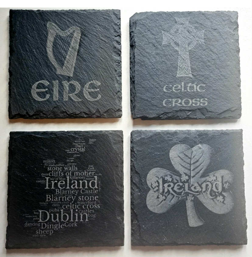 Set Of 4 Ireland/Irish Slate Coasters, Eire, Harp - Shamrock