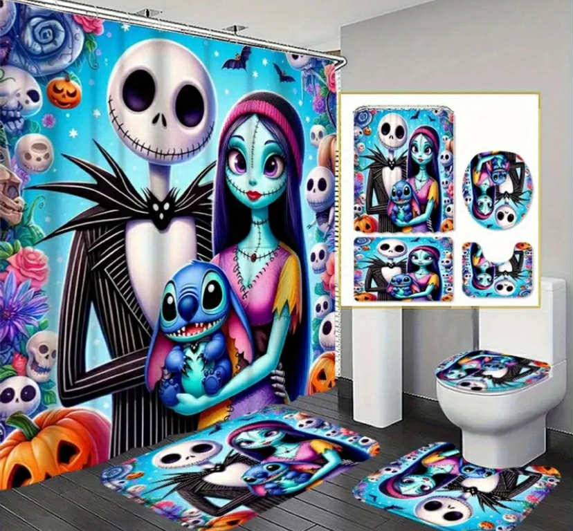 Jack Sally and Stitch Mashup Shower Curtain Set for Fantasy Bathroom