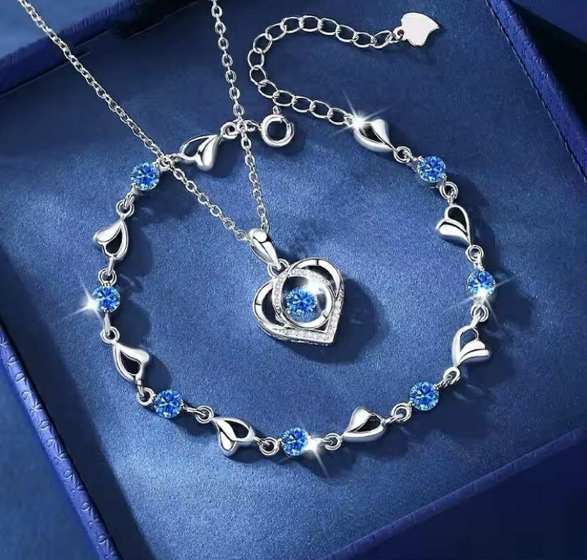 Sterling Silver Heart Shaped Necklace Bracelet Set
