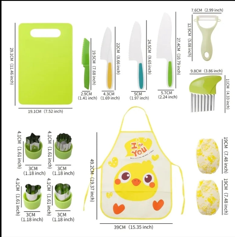 A 14pcs Multifunctional Baking Set, Kitchen Cooking Kit, Plastic Learning Chef Set, Designed for Baking And Crafts, Including Cutting Boards, Waterproof Aprons, Potato Cutters, Fruit Slicers, Plastic Knives, And Melon Peelers