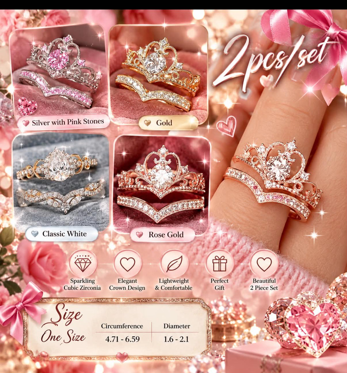 Princess Crown Ring Set – 2 Piece Set