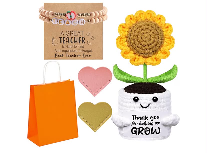Teacher Gifts, Thank You for Helping Me Grow, Crochet Sunflower Bookmark Bracelet and Card,
